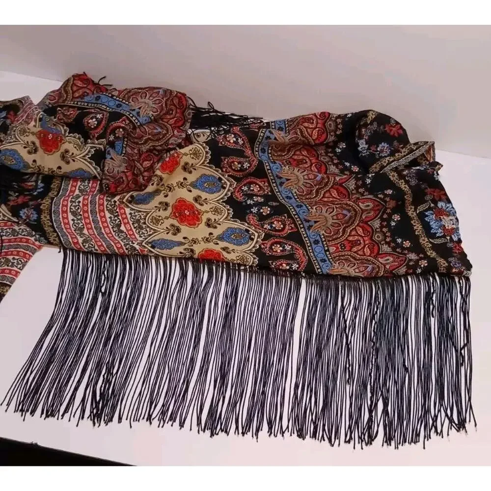 See You Monday Womens Medium Paisley Long Sleeve Black Fringed Cropped Top Boho - Picture 9 of 10